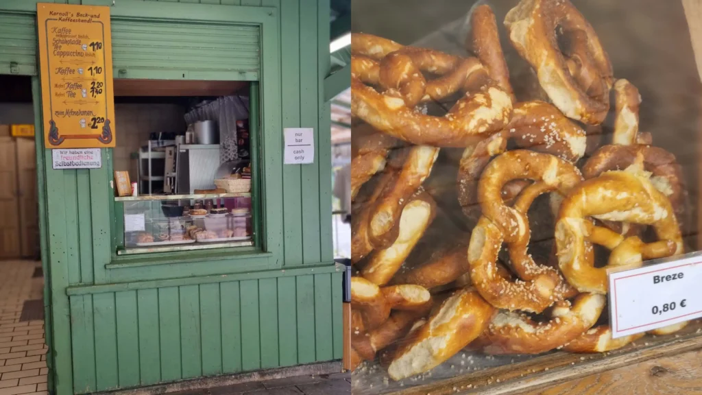 Collage zweier Bilder des Bäckerstandl Karnoll auf dem Viktualienmarkt - links die Verkaufsöffnung mit Preisschild und rechts Detailaufnahme von Brezn